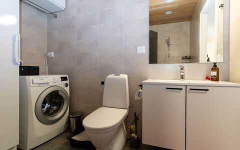 Lomapesä: Flooring, Interior Design, Plumbing Fixture, Wall, Toilet Seat, Floor, Sink, Toilet, Bathroom, Bathroom Cabinet