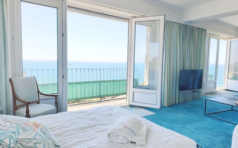 Le Grand Lambert: Blue, Furniture, Sea, Bedroom, Ocean, Linens, Apartment, Bed, Bedding, Bed Sheet