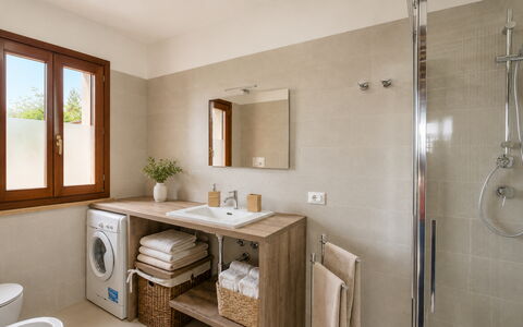 Villa Billona: Flooring, Wall, Plumbing Fixture, Floor, Interior Design, Sink, Bathroom, Bathroom Sink, Wood, Bathroom Cabinet