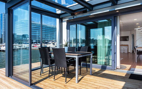Villa Helmi: Floor, Flooring, Interior Design, Glass, Apartment, Hardwood, Wood Flooring, Balcony, Deck, Commercial Building