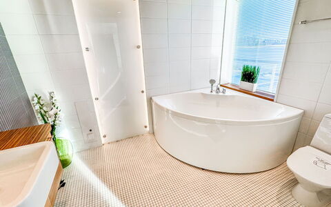 Villa Helmi: Flooring, Plumbing Fixture, Bathroom, Floor, Interior Design, Plumbing, Tap, Tile, Toilet, Room
