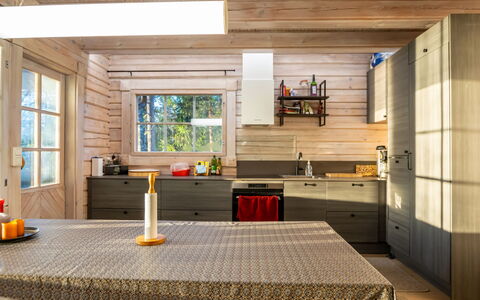 Villa Karmu: Kitchen, Furniture, Interior Design, Countertop, Flooring, Wood, Kitchen Appliance, Ceiling, Major Appliance, Floor