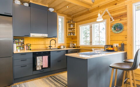 Tuulentupa: Kitchen, Kitchen Appliance, Countertop, Interior Design, Wood, Flooring, Furniture, Cabinetry, Major Appliance, Ceiling