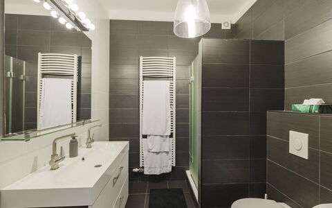 Posha: Bathroom, Bathroom Sink, Interior Design, Plumbing Fixture, Flooring, Wall, Sink, Toilet, Floor, Mirror