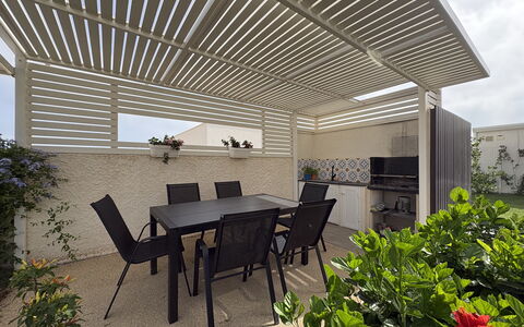 A Casa di Chica: Furniture, Outdoor Furniture, Shade, Ceiling, Patio, Outdoor Structure, Outdoor Table, Chair, Garden, Pergola