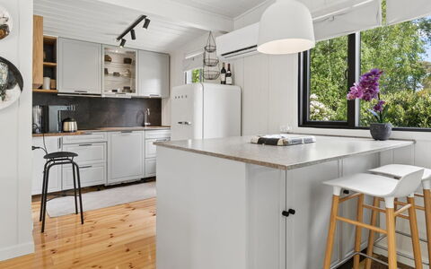 Alika - 700M from the Sea: Kitchen, Furniture, Countertop, Interior Design, Kitchen Appliance, Flooring, Cabinetry, Wood, Light Fixture, Ceiling
