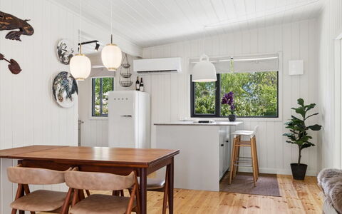 Alika - 700M from the Sea: Furniture, Interior Design, Flooring, Floor, Wood, Light Fixture, Ceiling, Kitchen & Dining Room Table, Wood Flooring, Dining Room