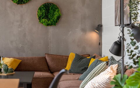Uschi - 1Km from the Sea: Furniture, Interior Design, Wall, Couch, Flooring, Living Room, Floor, Flowerpot, Home, Lighting
