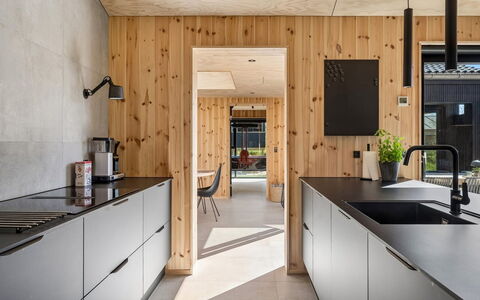 Ania - 500M from the Sea: Kitchen, Countertop, Wood, Flooring, Kitchen Appliance, Interior Design, Floor, Furniture, Cabinetry, Light Fixture