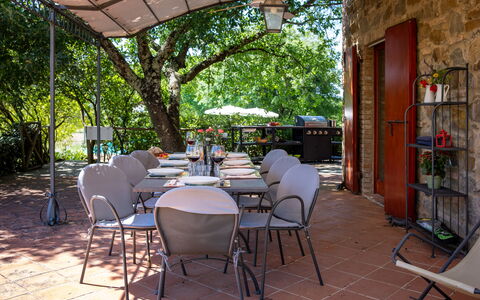 Villa Santa Barbara, Pool and Relax, Siena Country: Furniture, Table, Outdoor Furniture, Chair, Outdoor Table, Shade, Kitchen & Dining Room Table, Garden, Restaurant, Backyard