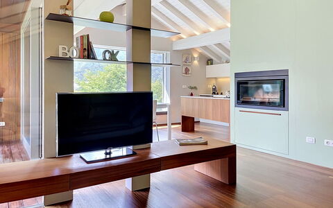 Zani: Interior Design, Flooring, Furniture, Wood, Ceiling, Floor, Television, Living Room, Lighting, Apartment