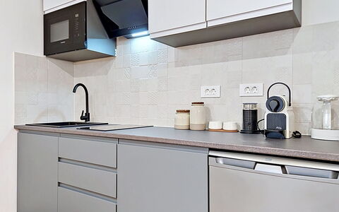 Kaštela 302: Kitchen, Kitchen Appliance, Countertop, Cabinetry, Major Appliance, Home Appliance, Interior Design, Flooring, Furniture, Kitchen Stove