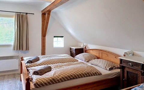 Jizera Cottage: Bed, Bedroom, Furniture, Wood, Bed Sheet, Interior Design, Bedding, Ceiling, Bed Frame, Floor