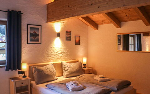 Chalet Auszeit: Furniture, Interior Design, Bed, Wall, Bedroom, Flooring, Floor, Room, Wood, Ceiling