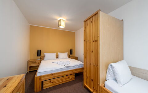 Janské Lázně 5: Bed, Bedroom, Interior Design, Wall, Flooring, Floor, Wood, Furniture, Ceiling, Bed Sheet