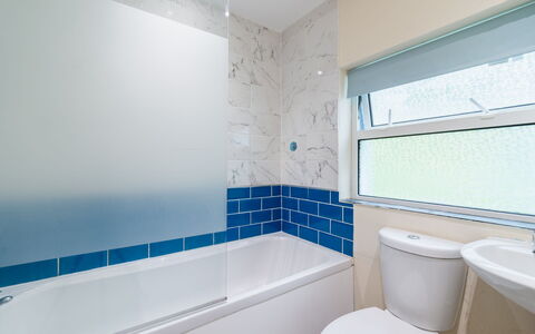 Stonecrop: Blue, Bathroom, Wall, Plumbing Fixture, Flooring, Interior Design, Bathtub, Floor, Plumbing, Ceiling