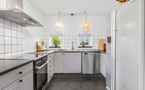 Chiuvana - 250M from the Sea: Kitchen, Kitchen Appliance, Major Appliance, Ceiling, Flooring, Interior Design, Countertop, Light Fixture, Kitchen Sink, Floor