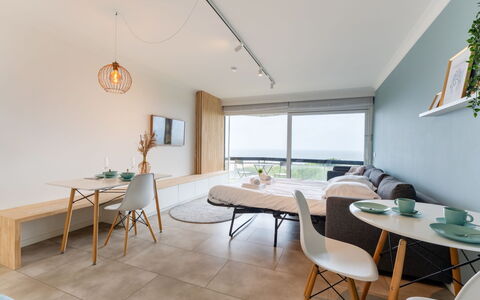 Poseidon with Seaview & Parking: Furniture, Flooring, Interior Design, Floor, Ceiling, Chair, Apartment, Room, Wood Flooring, Living Room