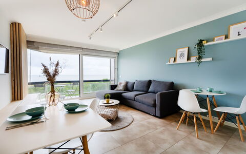 Poseidon with Seaview & Parking: Furniture, Flooring, Interior Design, Floor, Ceiling, Room, Chair, Apartment, Wood Flooring, Living Room
