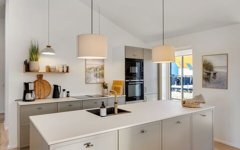 Raimund - 600M from the Sea: Countertop, Kitchen, Interior Design, Furniture, Flooring, Kitchen Appliance, Light Fixture, Cabinetry, Ceiling, Floor