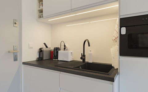 Gárdonyi Garden: Kitchen, Countertop, Kitchen Appliance, Interior Design, Kitchen Sink, Plumbing Fixture, Cabinetry, Major Appliance, Tap, Sink