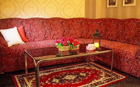 Herlíkovice: Furniture, Couch, Red, Interior Design, Textile, Living Room, Flooring, Floor, Pink