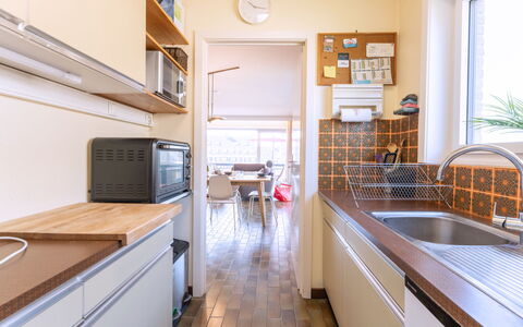 Zandstuyver with Balcony: Kitchen, Countertop, Interior Design, Flooring, Kitchen Appliance, Major Appliance, Wood, Floor, Cabinetry, Ceiling