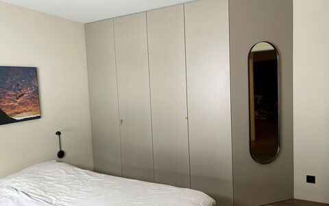 Casa Partnun 4-3: Wall, Interior Design, Bedroom, Flooring, Wood, Floor, Furniture, Bed, Lighting, Ceiling