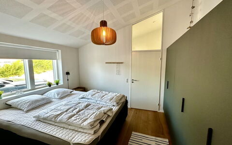 Theodora - 600M from the Sea: Interior Design, Bed, Bedroom, Wall, Flooring, Furniture, Floor, Wood, Ceiling, Light Fixture