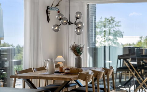 Theodora - 600M from the Sea: Furniture, Interior Design, Wood, Dining Room, Chair, Light Fixture, Kitchen & Dining Room Table, Ceiling, Flooring, Table