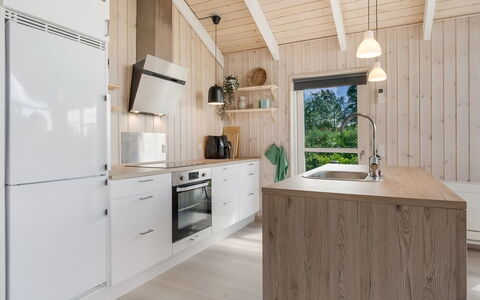 Kristine - 250M from the Sea: Kitchen, Countertop, Flooring, Furniture, Wood, Interior Design, Cabinetry, Floor, Kitchen Appliance, Ceiling