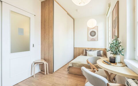 Soukenická: Furniture, Interior Design, Flooring, Floor, Wall, Bedroom, Bed, Wood, Room, Ceiling