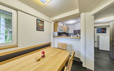 Rokytnice Nad Jizerou 81: Ceiling, Room, Hardwood, Wood Stain, Chair, Kitchen & Dining Room Table, Hotel, Plywood, Plank