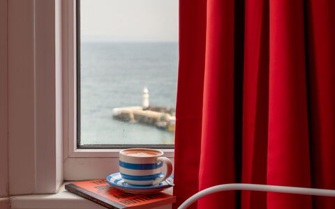 Smugglers View: Red, Curtain, Sea, Ocean, Window Covering, Window Treatment