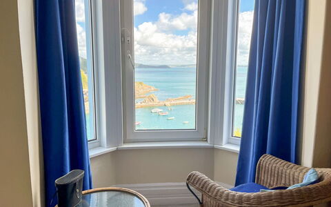 Smugglers View: Blue, Sea, Ocean, Curtain, Glass, Window Treatment, Window Covering, Balcony