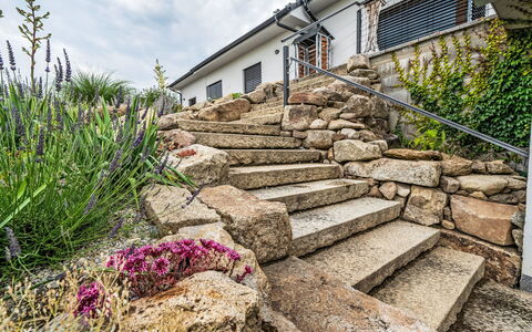 Dačice 100: Rock, Stairs, Garden, Stone Wall, Landscaping, Bedrock, Walkway, Outcrop, Flagstone