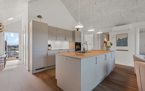 Ila - 350M from the Sea: Kitchen, Flooring, Countertop, Wood, Ceiling, Interior Design, Floor, Light Fixture, Kitchen Appliance, Cabinetry