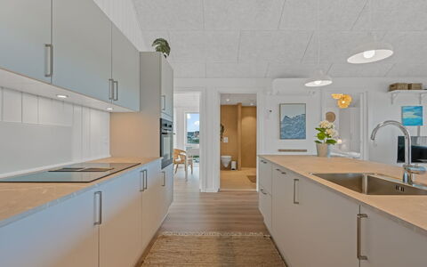 Ila - 350M from the Sea: Flooring, Kitchen, Floor, Countertop, Wood, Ceiling, Interior Design, Kitchen Appliance, Light Fixture, Furniture