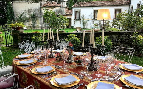 Villa Veneta - Historic Villa in the Prosecco Hill: Tablecloth, Tableware, Table, Furniture, Serveware, Drinkware, Dishware, Stemware, Linens, Dining Room