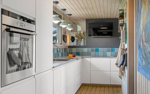 Beatrice - 350M from the Sea: Kitchen, Countertop, Interior Design, Major Appliance, Flooring, Kitchen Appliance, Wood, Cabinetry, Ceiling, Floor