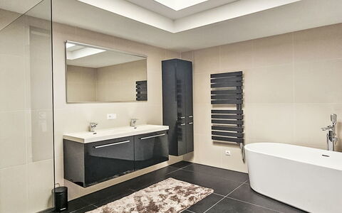 The Penthouse 5: Interior Design, Flooring, Wall, Floor, Plumbing Fixture, Bathroom, Ceiling, Bathroom Cabinet, Sink, Tap