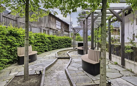 Holzegger: Flagstone, Garden, Walkway, Shade, Backyard, Cobblestone, Courtyard, Yard, Landscaping, Outdoor Structure