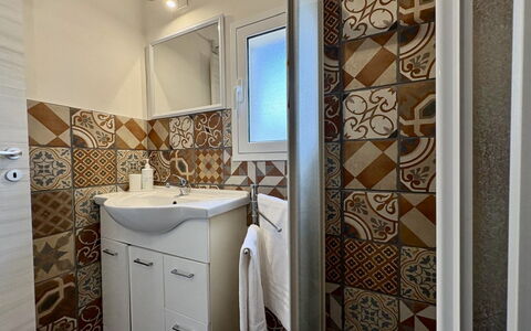 Villa Simona: Flooring, Floor, Interior Design, Tile, Plumbing Fixture, Room, Plumbing, Apartment, Ceiling, Bathroom