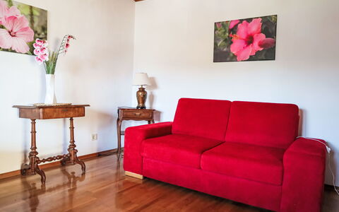 Velden am Wörthersee 39: Furniture, Interior Design, Flooring, Red, Couch, Floor, Wood, Room, Living Room, Picture Frame