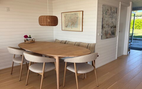 Raadengaard - 400M from the Sea: Furniture, Flooring, Floor, Wood, Interior Design, Kitchen & Dining Room Table, Table, Wood Flooring, Dining Room, Chair