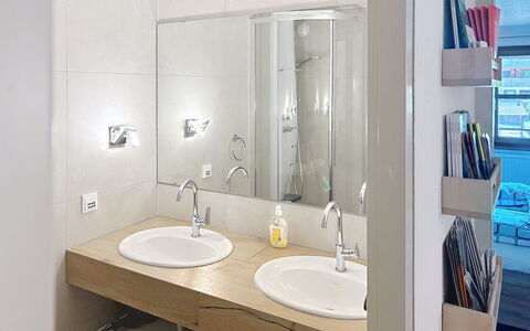 Mellau Appartments: Bathroom Sink, Interior Design, Bathroom, Sink, Plumbing Fixture, Flooring, Mirror, Wall, Countertop, Floor