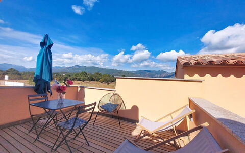 Hameau de Saint Cyprien: Furniture, Outdoor Furniture, Home, Apartment, Balcony, Chair, Wood Stain, Shade, Villa, Hardwood