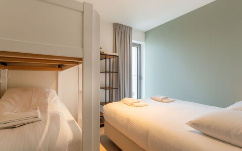 O'Sea 13.02 with Seaview: Interior Design, Bedroom, Floor, Flooring, Bed, Bedding, Bed Sheet, Room, Ceiling, Apartment