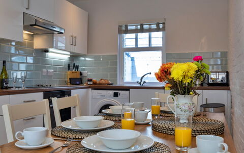 Farmhouse Cottage, Nether Burrows: Furniture, Interior Design, Kitchen Appliance, Tableware, Kitchen, Countertop, Major Appliance, Flooring, Lighting, Ceiling