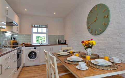 Farmhouse Cottage, Nether Burrows: Flooring, Interior Design, Wood, Furniture, Major Appliance, Countertop, Ceiling, Floor, Kitchen, Kitchen Appliance
